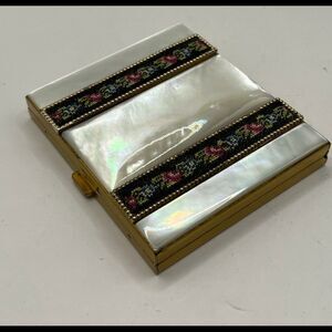 1950’s Schildkraut MOP and petitpoint vintage engraved compact.